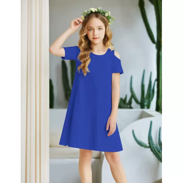 Arshiner Girls Summer Dress Short Sleeve Cold Shoulder Solid Color Swing Casual Dresses with Pockets