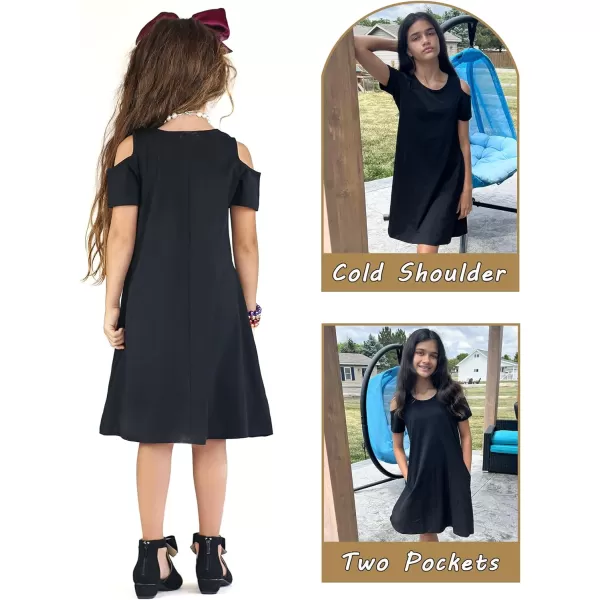 Arshiner Girls Summer Dress Short Sleeve Cold Shoulder Solid Color Swing Casual Dresses with Pockets