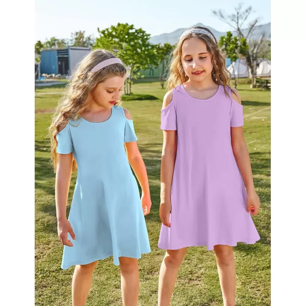 Arshiner Girls Summer Dress Short Sleeve Cold Shoulder Solid Color Swing Casual Dresses with Pockets