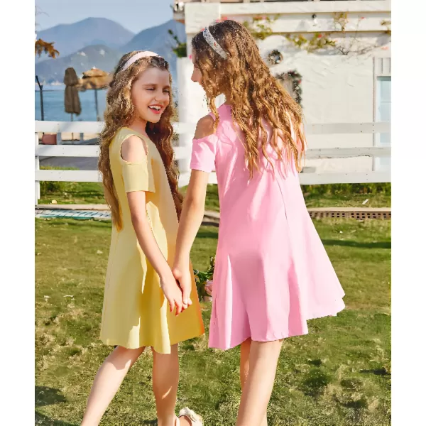 Arshiner Girls Summer Dress Short Sleeve Cold Shoulder Solid Color Swing Casual Dresses with Pockets