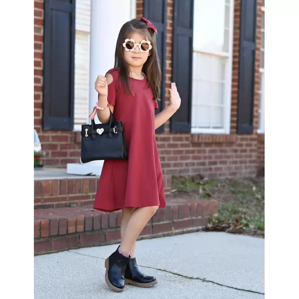 Arshiner Girls Summer Dress Short Sleeve Cold Shoulder Solid Color Swing Casual Dresses with Pockets