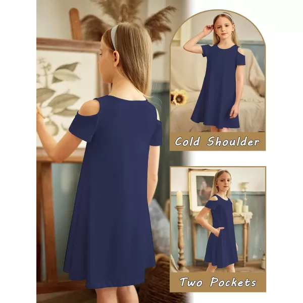Arshiner Girls Summer Dress Short Sleeve Cold Shoulder Solid Color Swing Casual Dresses with Pockets