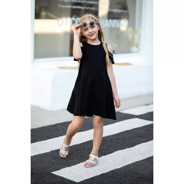 Arshiner Girls Summer Dress Short Sleeve Cold Shoulder Solid Color Swing Casual Dresses with Pockets