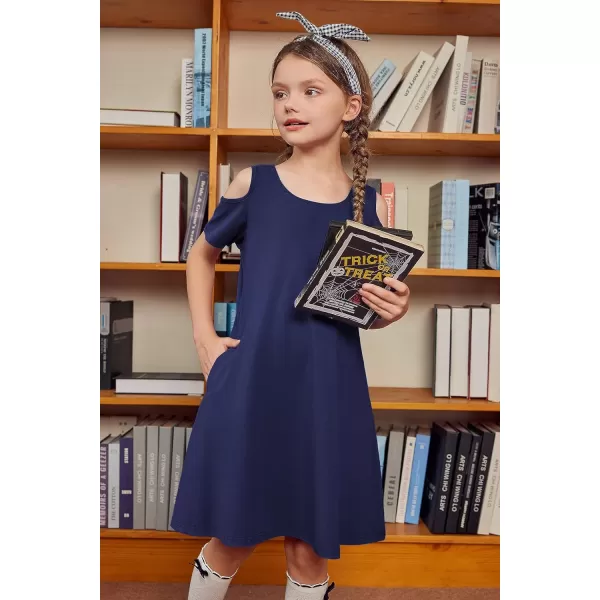 Arshiner Girls Summer Dress Short Sleeve Cold Shoulder Solid Color Swing Casual Dresses with Pockets