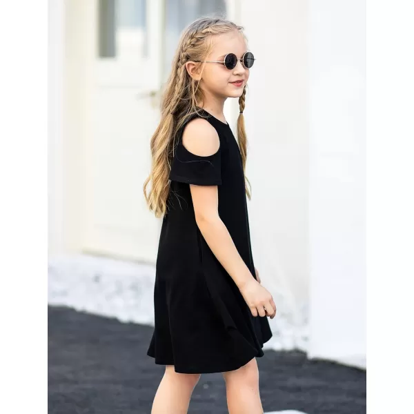 Arshiner Girls Summer Dress Short Sleeve Cold Shoulder Solid Color Swing Casual Dresses with Pockets