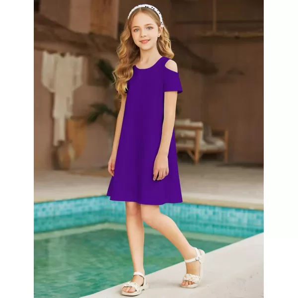 Arshiner Girls Summer Dress Short Sleeve Cold Shoulder Solid Color Swing Casual Dresses with Pockets