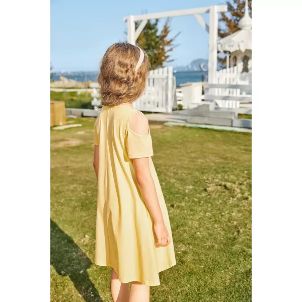 Arshiner Girls Summer Dress Short Sleeve Cold Shoulder Solid Color Swing Casual Dresses with Pockets