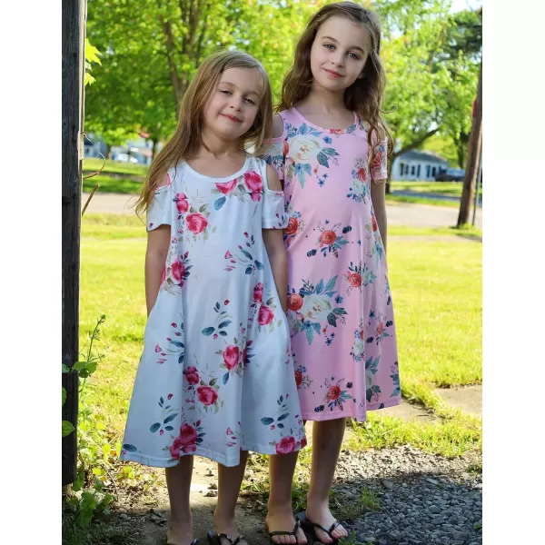 Arshiner Girls Summer Dress Short Sleeve Cold Shoulder Solid Color Swing Casual Dresses with Pockets