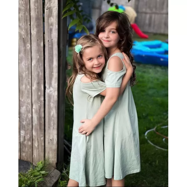 Arshiner Girls Summer Dress Short Sleeve Cold Shoulder Solid Color Swing Casual Dresses with Pockets