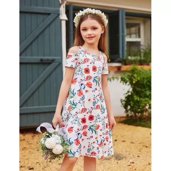 Arshiner Girls Summer Dress Short Sleeve Cold Shoulder Solid Color Swing Casual Dresses with Pockets