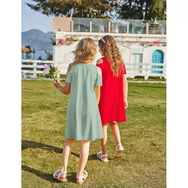Arshiner Girls Summer Dress Short Sleeve Cold Shoulder Solid Color Swing Casual Dresses with Pockets