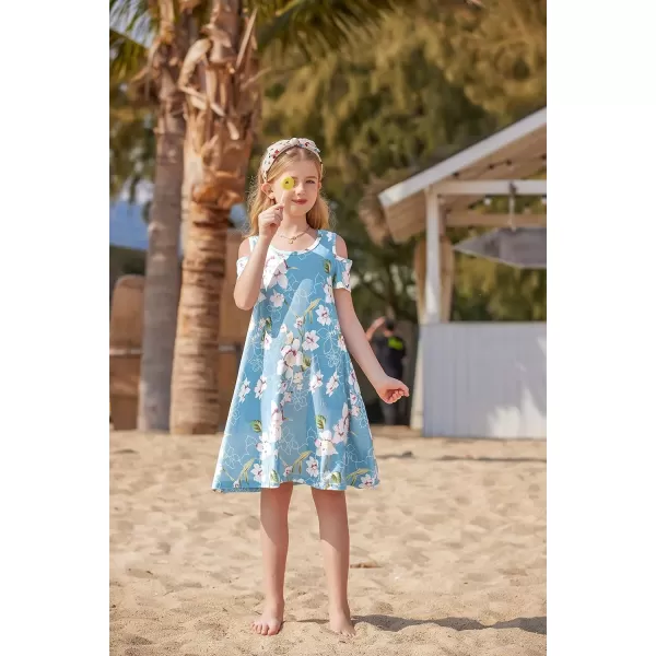 Arshiner Girls Summer Dress Short Sleeve Cold Shoulder Solid Color Swing Casual Dresses with Pockets