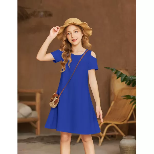 Arshiner Girls Summer Dress Short Sleeve Cold Shoulder Solid Color Swing Casual Dresses with Pockets