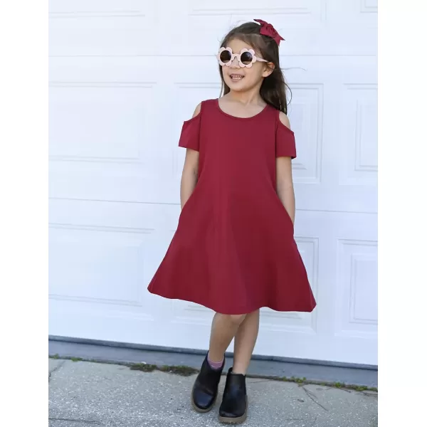 Arshiner Girls Summer Dress Short Sleeve Cold Shoulder Solid Color Swing Casual Dresses with Pockets