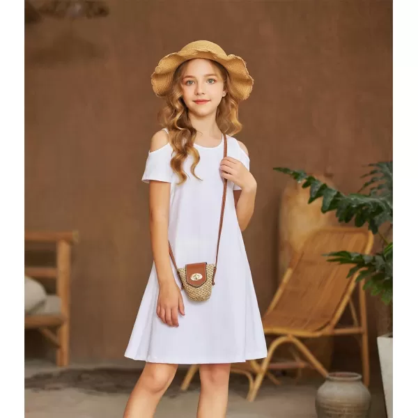Arshiner Girls Summer Dress Short Sleeve Cold Shoulder Solid Color Swing Casual Dresses with Pockets