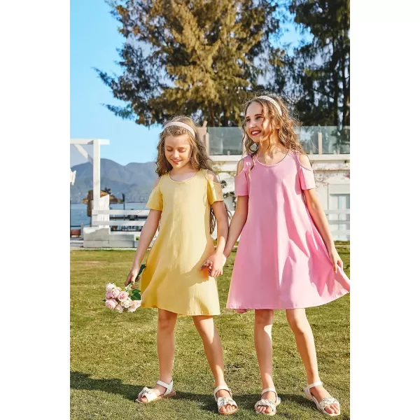 Arshiner Girls Summer Dress Short Sleeve Cold Shoulder Solid Color Swing Casual Dresses with Pockets