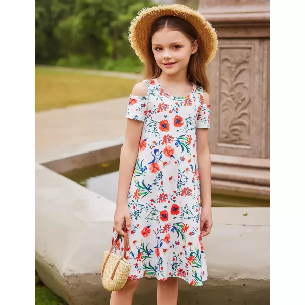Arshiner Girls Summer Dress Short Sleeve Cold Shoulder Solid Color Swing Casual Dresses with Pockets