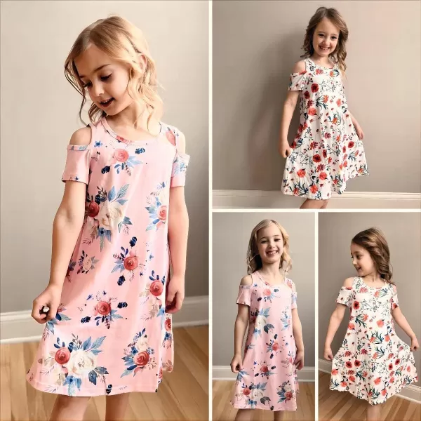 Arshiner Girls Summer Dress Short Sleeve Cold Shoulder Solid Color Swing Casual Dresses with Pockets
