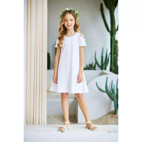 Arshiner Girls Summer Dress Short Sleeve Cold Shoulder Solid Color Swing Casual Dresses with Pockets