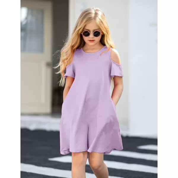 Arshiner Girls Summer Dress Short Sleeve Cold Shoulder Solid Color Swing Casual Dresses with Pockets
