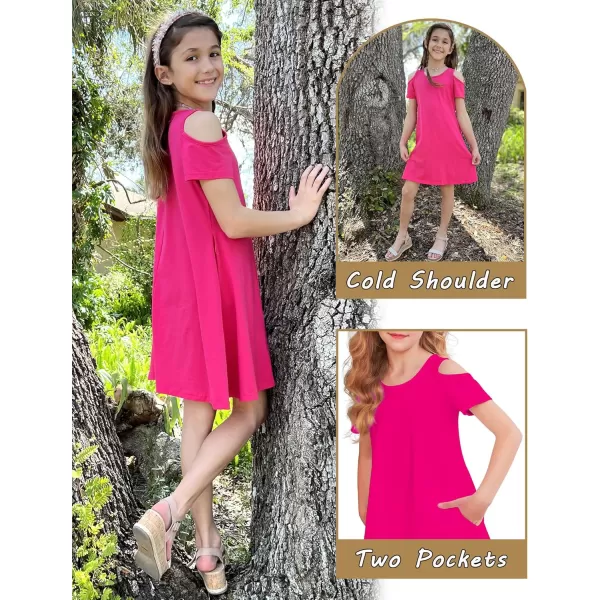 Arshiner Girls Summer Dress Short Sleeve Cold Shoulder Solid Color Swing Casual Dresses with Pockets