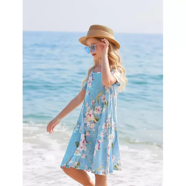 Arshiner Girls Summer Dress Short Sleeve Cold Shoulder Solid Color Swing Casual Dresses with Pockets
