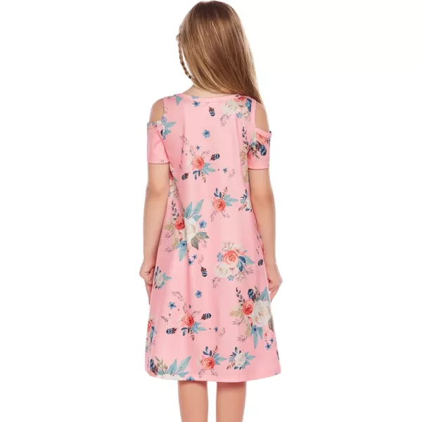 Arshiner Girls Summer Dress Short Sleeve Cold Shoulder Solid Color Swing Casual Dresses with Pockets