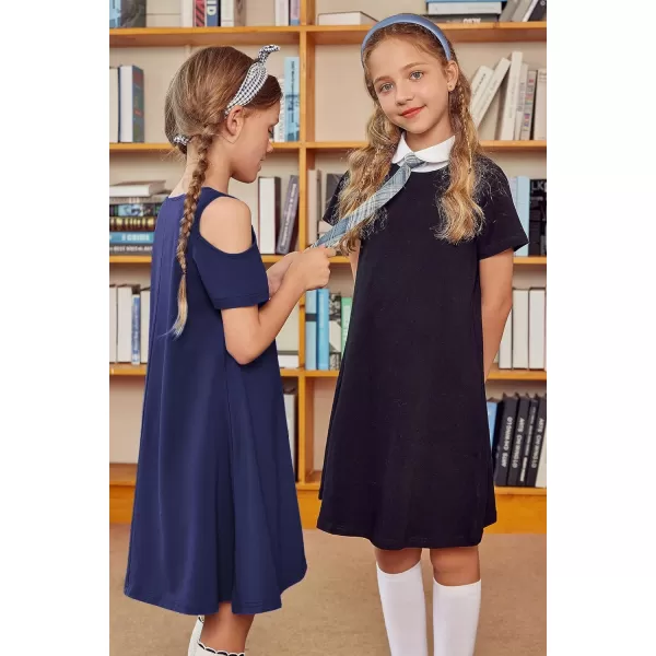 Arshiner Girls Summer Dress Short Sleeve Cold Shoulder Solid Color Swing Casual Dresses with Pockets