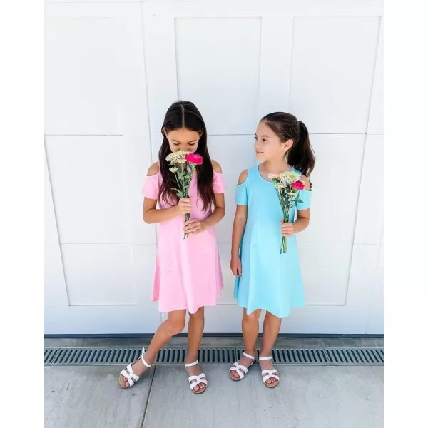 Arshiner Girls Summer Dress Short Sleeve Cold Shoulder Solid Color Swing Casual Dresses with Pockets