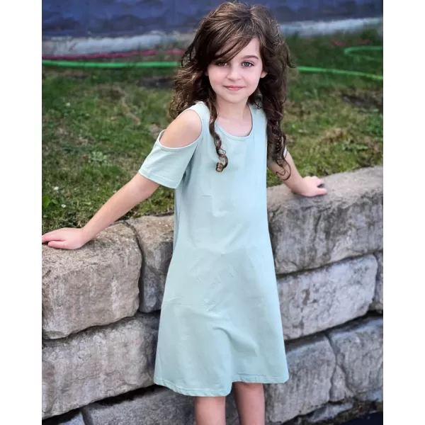 Arshiner Girls Summer Dress Short Sleeve Cold Shoulder Solid Color Swing Casual Dresses with Pockets
