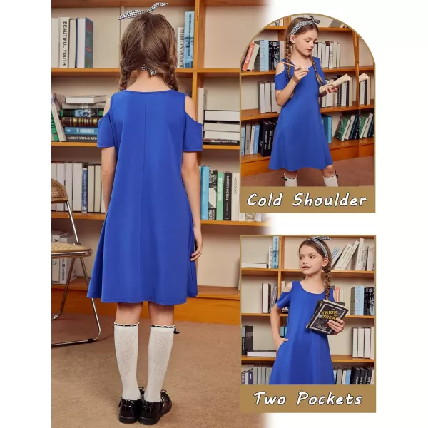 Arshiner Girls Summer Dress Short Sleeve Cold Shoulder Solid Color Swing Casual Dresses with Pockets