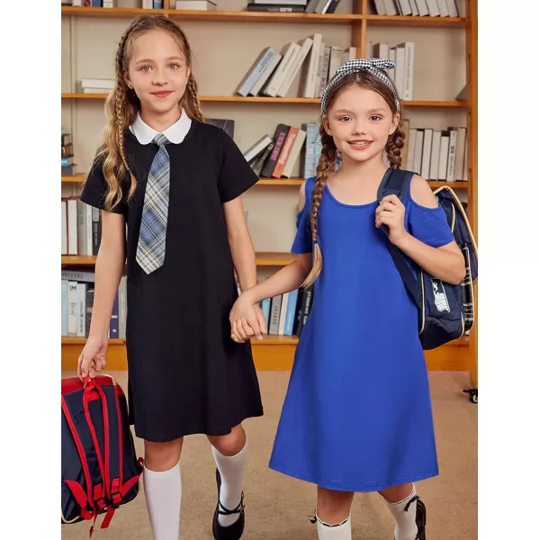 Arshiner Girls Summer Dress Short Sleeve Cold Shoulder Solid Color Swing Casual Dresses with Pockets