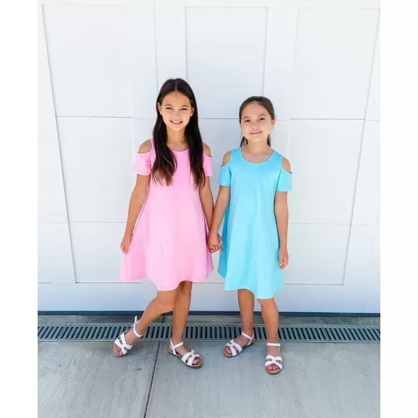 Arshiner Girls Summer Dress Short Sleeve Cold Shoulder Solid Color Swing Casual Dresses with Pockets