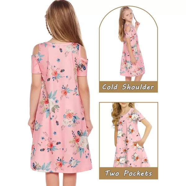 Arshiner Girls Summer Dress Short Sleeve Cold Shoulder Solid Color Swing Casual Dresses with Pockets