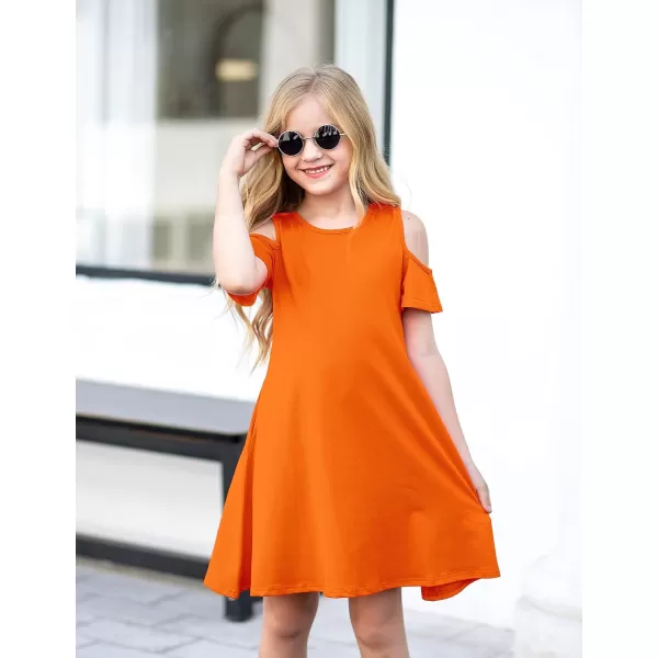 Arshiner Girls Summer Dress Short Sleeve Cold Shoulder Solid Color Swing Casual Dresses with Pockets