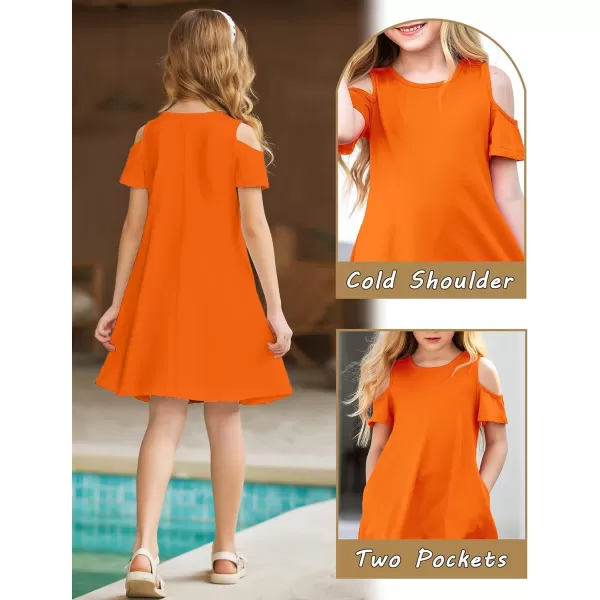 Arshiner Girls Summer Dress Short Sleeve Cold Shoulder Solid Color Swing Casual Dresses with Pockets