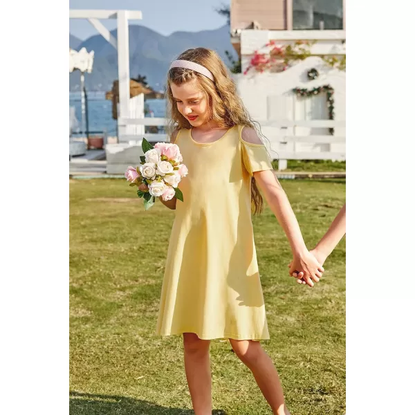 Arshiner Girls Summer Dress Short Sleeve Cold Shoulder Solid Color Swing Casual Dresses with Pockets