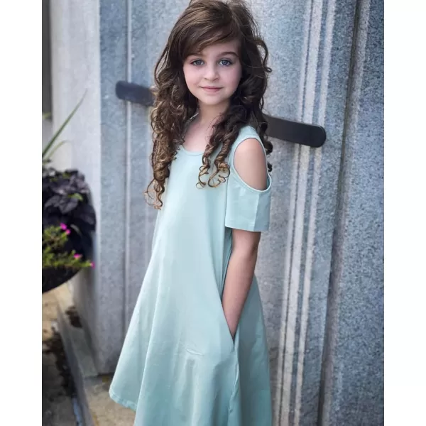 Arshiner Girls Summer Dress Short Sleeve Cold Shoulder Solid Color Swing Casual Dresses with Pockets