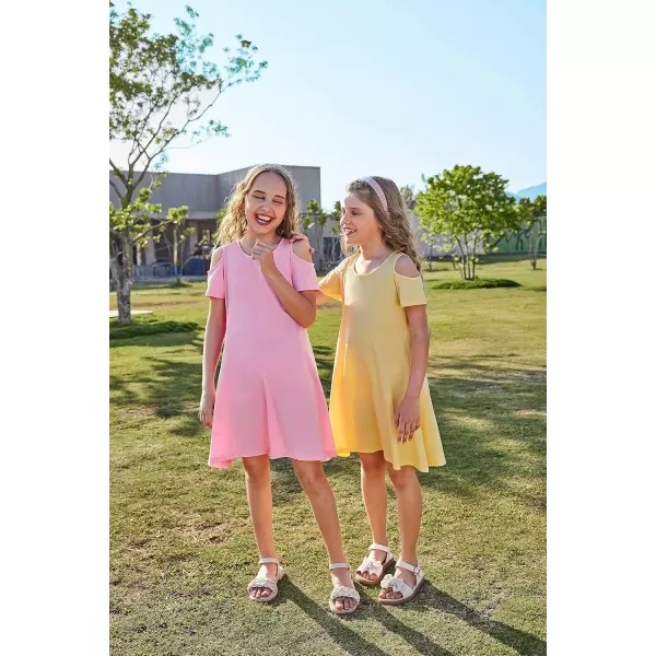 Arshiner Girls Summer Dress Short Sleeve Cold Shoulder Solid Color Swing Casual Dresses with Pockets
