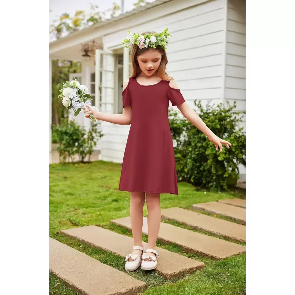 Arshiner Girls Summer Dress Short Sleeve Cold Shoulder Solid Color Swing Casual Dresses with Pockets