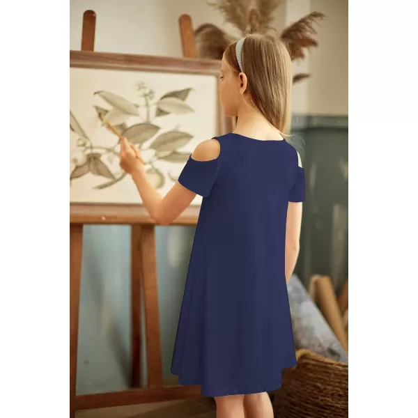Arshiner Girls Summer Dress Short Sleeve Cold Shoulder Solid Color Swing Casual Dresses with Pockets