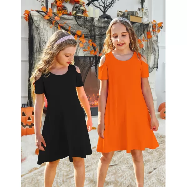 Arshiner Girls Summer Dress Short Sleeve Cold Shoulder Solid Color Swing Casual Dresses with Pockets