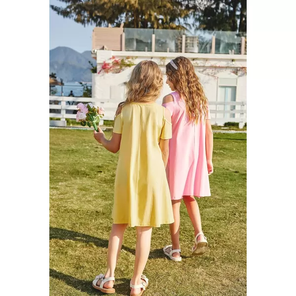 Arshiner Girls Summer Dress Short Sleeve Cold Shoulder Solid Color Swing Casual Dresses with Pockets