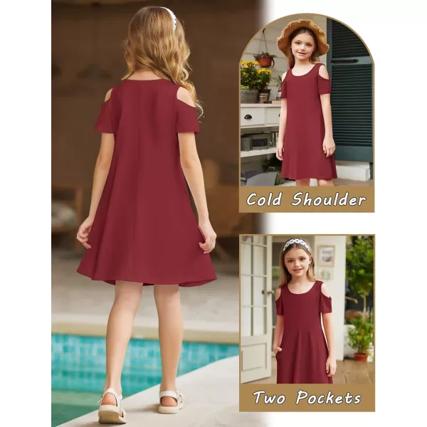 Arshiner Girls Summer Dress Short Sleeve Cold Shoulder Solid Color Swing Casual Dresses with Pockets