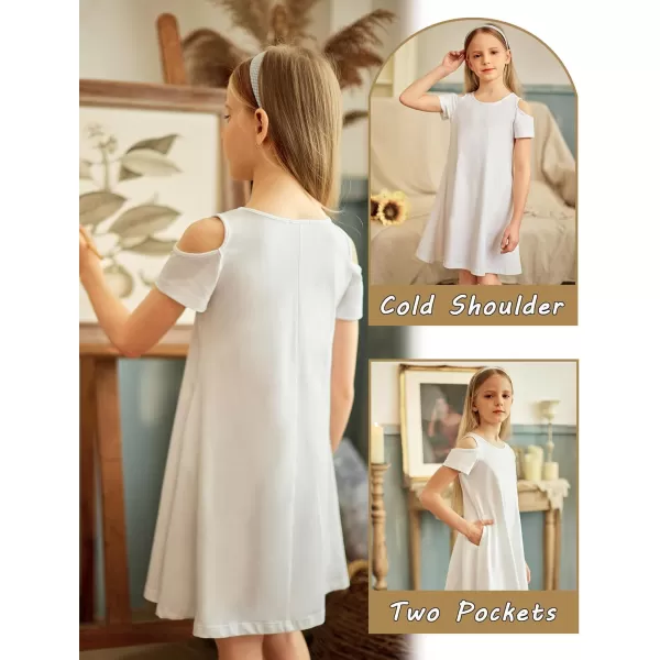 Arshiner Girls Summer Dress Short Sleeve Cold Shoulder Solid Color Swing Casual Dresses with Pockets
