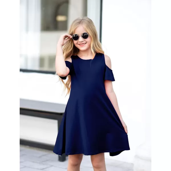 Arshiner Girls Summer Dress Short Sleeve Cold Shoulder Solid Color Swing Casual Dresses with Pockets