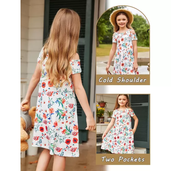Arshiner Girls Summer Dress Short Sleeve Cold Shoulder Solid Color Swing Casual Dresses with Pockets