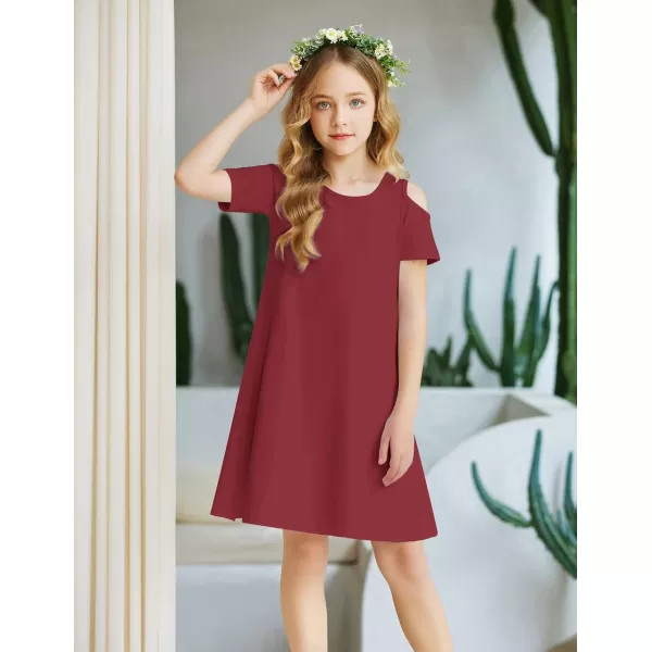 Arshiner Girls Summer Dress Short Sleeve Cold Shoulder Solid Color Swing Casual Dresses with Pockets