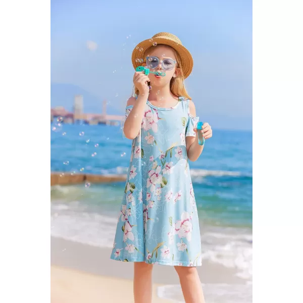 Arshiner Girls Summer Dress Short Sleeve Cold Shoulder Solid Color Swing Casual Dresses with Pockets