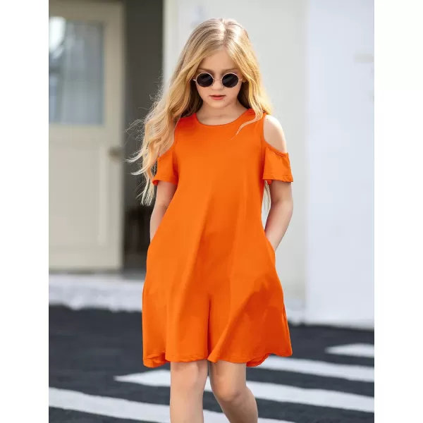 Arshiner Girls Summer Dress Short Sleeve Cold Shoulder Solid Color Swing Casual Dresses with Pockets